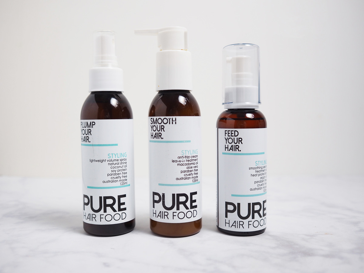 Pure Hair Food styling products on a marble bench